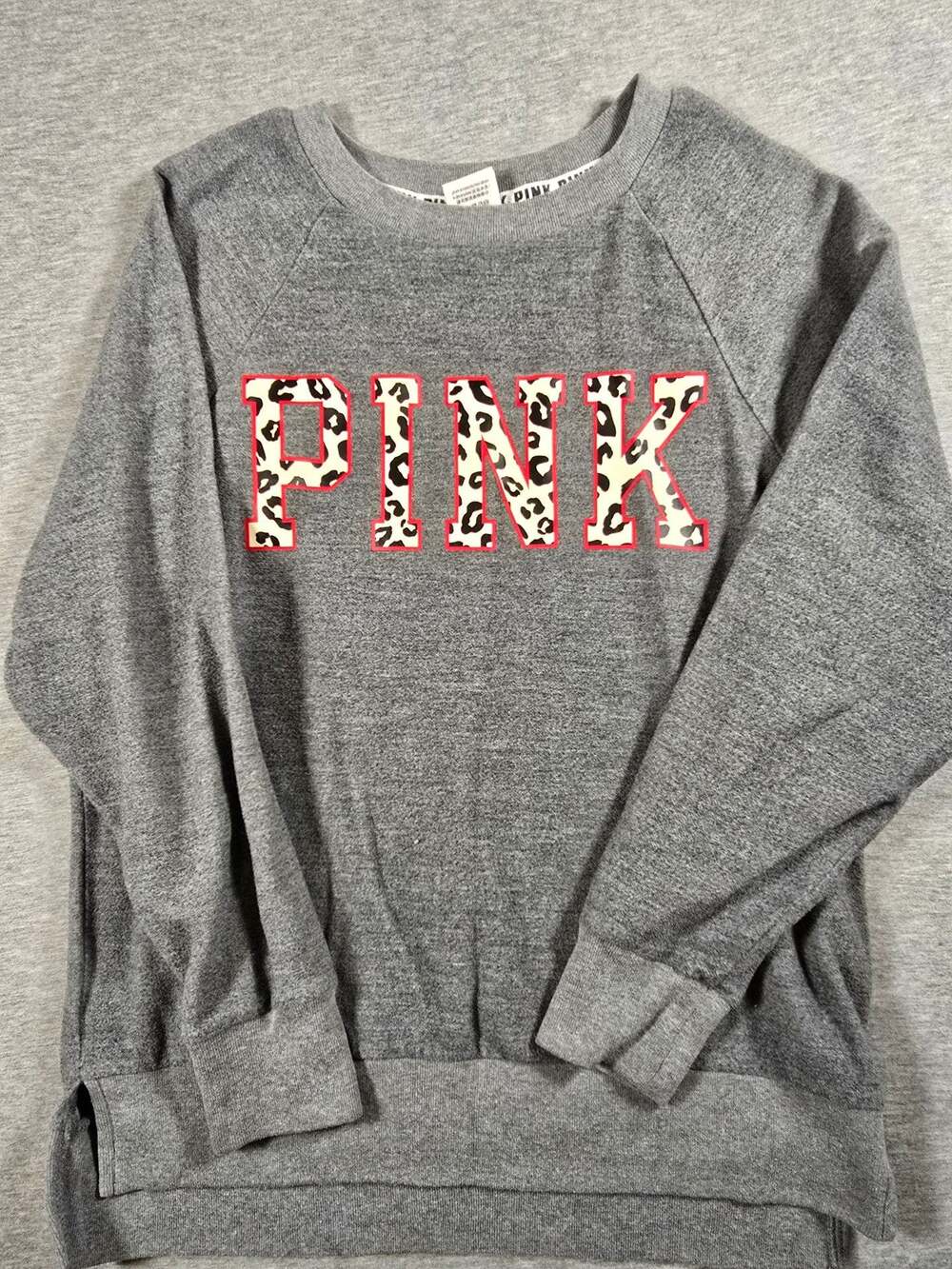 Victoria's Secret PINK Grey Crew Neck Sweatshirt with Leopard Print Logo